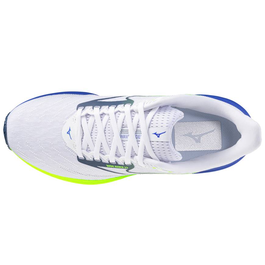 Mizuno Wave Rider 29 Men's Running Shoes, White/Estate Blue/Lightning Yellow