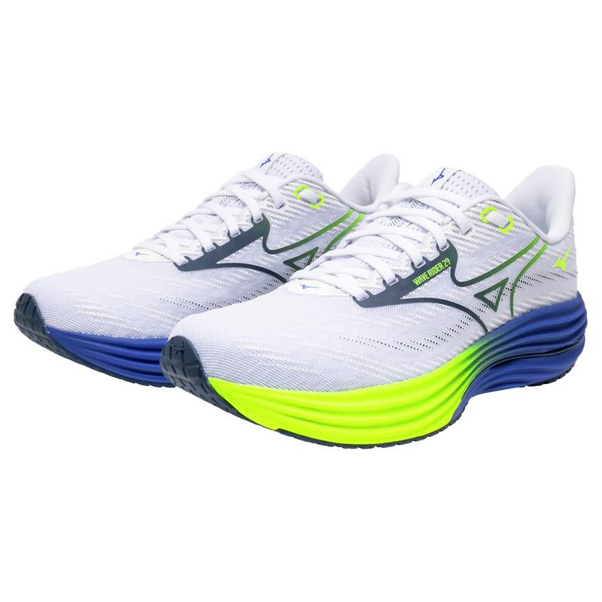 Mizuno Wave Rider 29 Men's Running Shoes, White/Estate Blue/Lightning Yellow