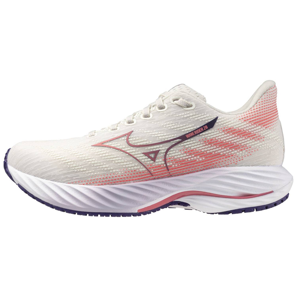 Mizuno Wave Rider 28 Women's Running Shoes, Snow White/Camellia Rose/Vintage Indigo